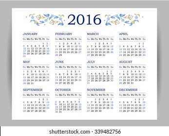 Vector calendar for 2016 on white background. Floral decor. Template with week starts Sunday. 