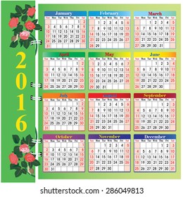 Vector calendar 2016. Roses and snails