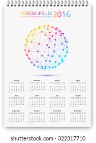 Vector  calendar for 2016 in the style of geometric doted sphere template