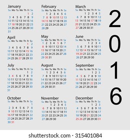 Vector calendar 2016. Week starts from Sunday