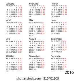 Vector calendar 2016. Week starts from Monday