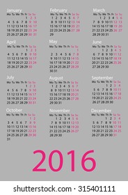Vector calendar 2016. Week starts from Monday