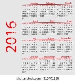 Vector calendar 2016. Week starts from Sunday