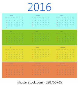 Vector calendar 2016. Week starts from Sunday