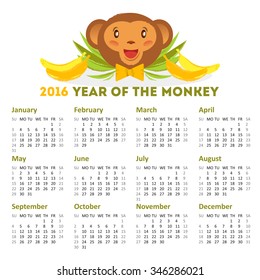 Vector calendar of 2016 year with happy monkey face 