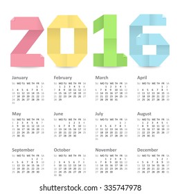Vector calendar of 2016 year made of paper for notes. Weeks begin on Sunday.