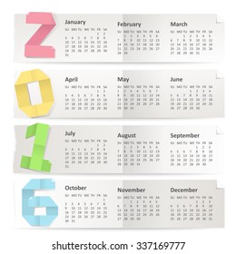 Vector calendar of 2016 year made of paper for notes. Weeks begin on Sunday.