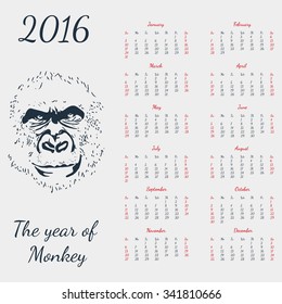 Vector calendar 2016. The yeat of monkey. Grey card. Format eps10.