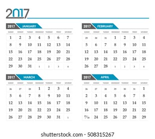 Vector calendar 2017. In 4 month version, January, February, March, April