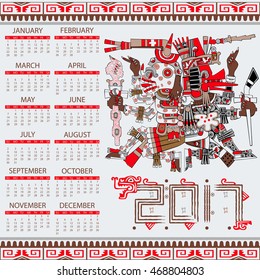 Vector calendar 2017 in aztec style with ansient gods