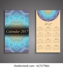 Vector calendar 2017 with decorative elements. Vector mandala design. Template can be used for web and print design.