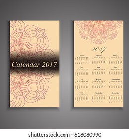 Vector calendar 2017 with decorative elements. Vector mandala design. Template can be used for web and print design.