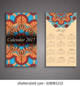Vector calendar 2017 with decorative elements. Vector mandala design. Template can be used for web and print design.