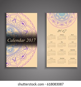 Vector calendar 2017 with decorative elements. Vector mandala design. Template can be used for web and print design.