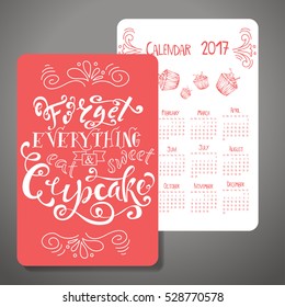 Vector calendar 2017. Design with quote. Love at first bite.
