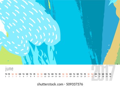 Vector calendar for 2017. Doodle pattern. Week Starts Sunday. Calendar for 2017 vector template with abstract art pattern.