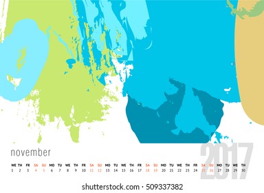Vector calendar for 2017. Doodle pattern. Week Starts Sunday. Calendar for 2017 vector template with abstract art pattern.