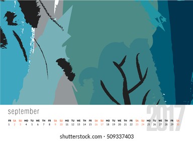 Vector calendar for 2017. Doodle pattern. Week Starts Sunday. Calendar for 2017 vector template with abstract art pattern.