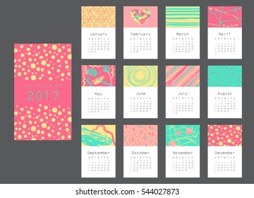 Vector calendar 2017 with hand drawn textures.