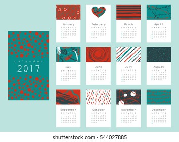 Vector calendar 2017 with hand drawn textures.