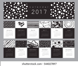 Vector calendar 2017 with hand drawn textures.