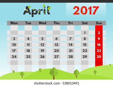 Vector calendar for 2017. The month of April. Nature in spring.