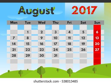 Vector calendar for 2017. The month of August. Nature in summer.