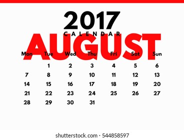 Vector Calendar 2017 Month August Stock Vector (Royalty Free) 544858597