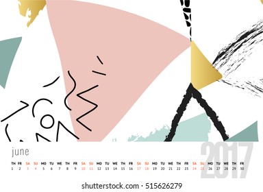 Vector calendar for 2017. month, Doodle patterns. Week Starts Sunday. Calendar for 2017 vector template with abstract art pattern.