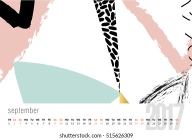 Vector calendar for 2017. month, Doodle patterns. Week Starts Sunday. Calendar for 2017 vector template with abstract art pattern.