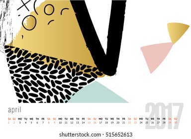 Vector calendar for 2017. month, Doodle patterns. Week Starts Sunday. Calendar for 2017 vector template with abstract art pattern.