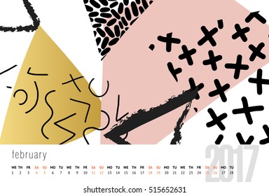 Vector calendar for 2017. month, Doodle patterns. Week Starts Sunday. Calendar for 2017 vector template with abstract art pattern.