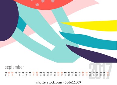 Vector calendar for 2017. month, Doodle patterns. Week Starts Sunday. Calendar for 2017 vector template with abstract art pattern.