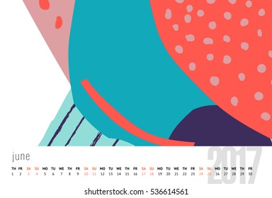 Vector calendar for 2017. month, Doodle patterns. Week Starts Sunday. Calendar for 2017 vector template with abstract art pattern.