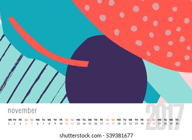 Vector calendar for 2017. month, Doodle patterns. Week Starts Sunday. Calendar for 2017 vector template with abstract art pattern.