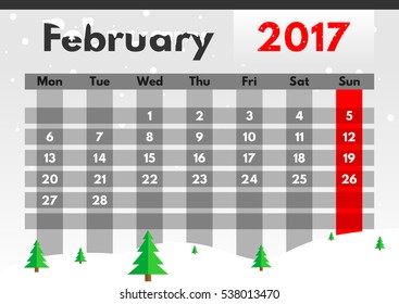 Vector calendar for 2017. The month of February. Nature in winter.