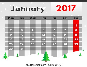 Vector calendar for 2017. The month of January. Nature in winter.