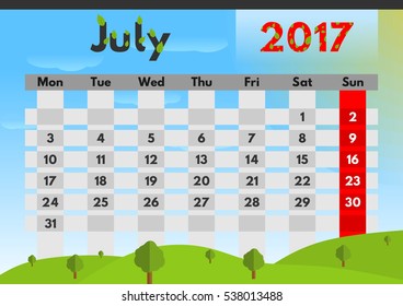 Vector calendar for 2017. The month of July. Nature in summer.