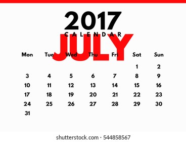 Vector calendar for 2017. The month of July.