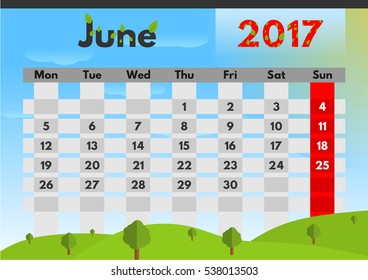 Vector calendar for 2017. The month of June. Nature in summer.