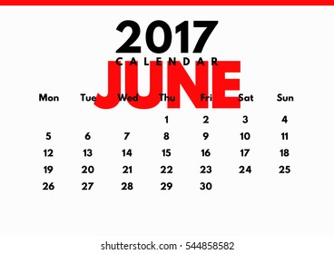 Vector calendar for 2017. The month of June.