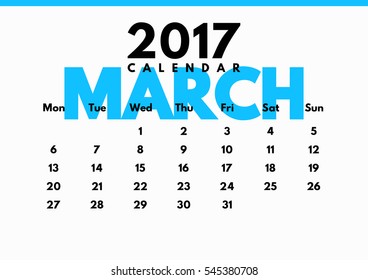 Vector calendar for 2017. The month of March. 