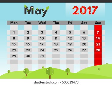 Vector calendar for 2017. The month of May. Nature in spring.