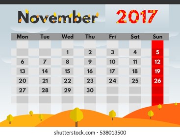 Vector calendar for 2017. The month of November. Nature in autumn.