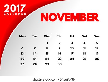 Vector calendar for 2017. The month of November. White background.