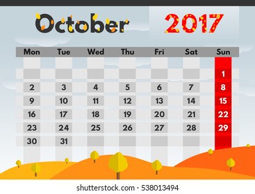 Vector calendar for 2017. The month of October. Nature in autumn.
