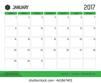 Vector of Calendar 2017 new year, January with green bar color and clean modern style template ,Week start at Sunday.,size 21 x 16 cm 