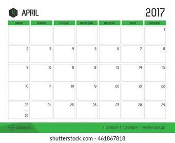 Vector of Calendar 2017 new year, April with green bar color and clean modern style template ,Week start at Sunday,size 21x16 cm