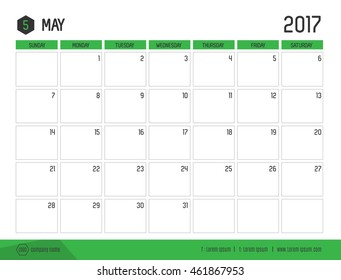 Vector of Calendar 2017 new year, May with green bar color and clean modern style template ,Week start at Sunday., size 21x16 cm