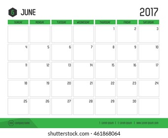 Vector of Calendar 2017 new year, June with green bar color and clean modern style template ,Week start at Sunday., size 21x16 cm